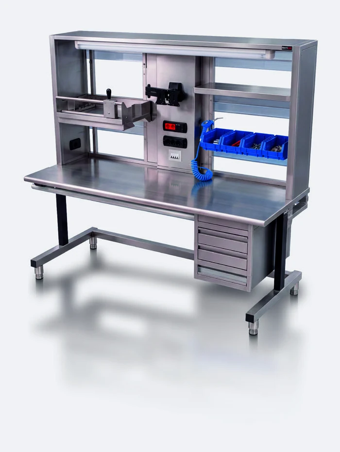 Postazione di confezionamento e ispezione in acciaio inox regolabile in altezza Steel & Power